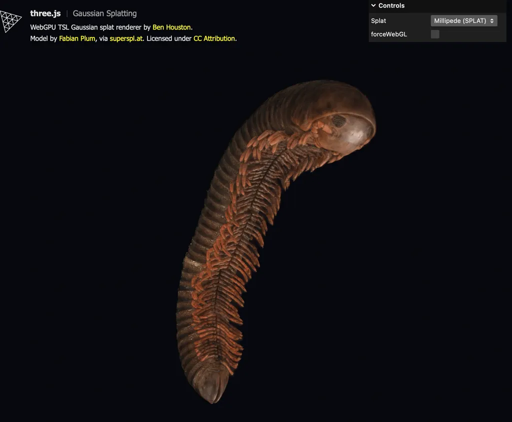 Millipede Gaussian splat rendered in Three.js