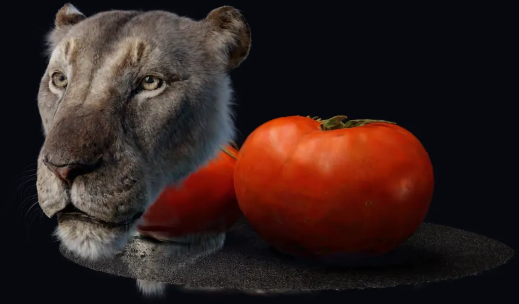 Lion and tomatoes Gaussian splat clouds sorted together in Three.js